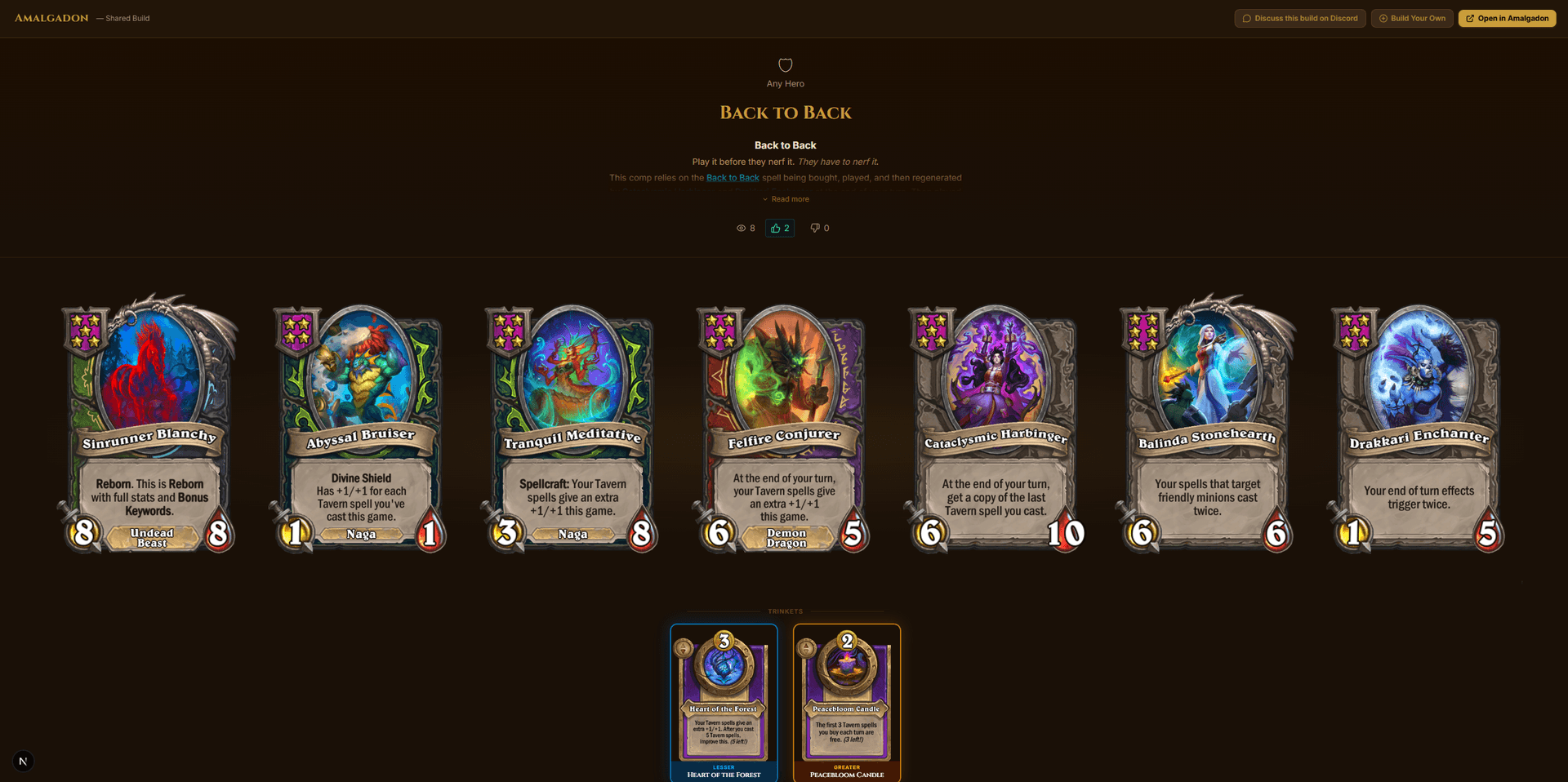 Example shared build page on Amalgadon showing cards, trinkets, view counter, votes and rich text notes